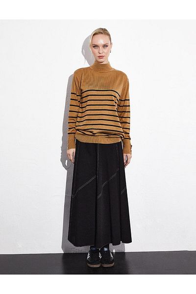 Kayra Beige Black Turtleneck Striped Knitwear Sweater