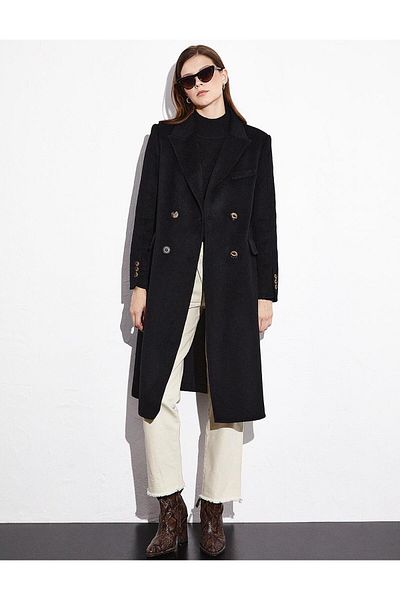 Kayra Premium Wool Double Button Coat Black