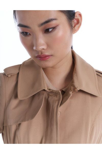 Kayra Beige Belted Top Coat - Epaulet Detailed