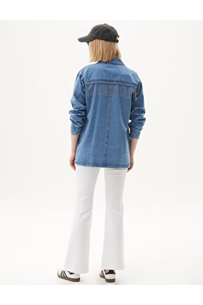 Kayra Püskül Detaylı Denim Ceket Mavi