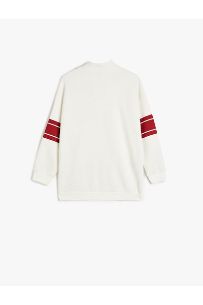 Koton Cotton Raised Long Sleeve Sweatshirt - Stand Collar, Half Zipper, Print Detail