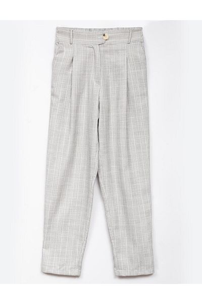 Kayra Elastic Waist Pleated Plaid Trousers Gray