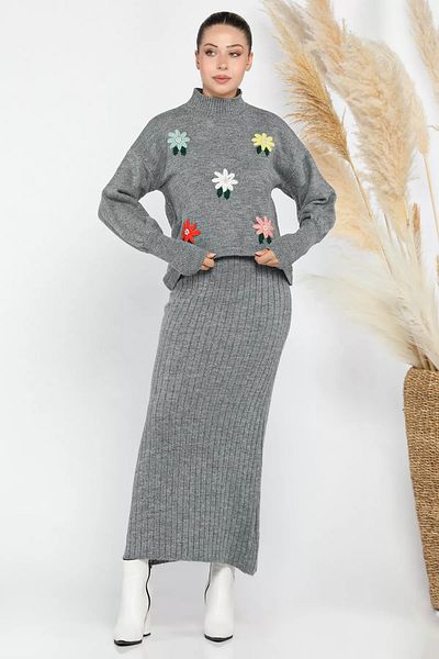 GÜLSELİ Gray Women's Half Turtleneck Embroidered Knitwear Blouse Dress Double Set