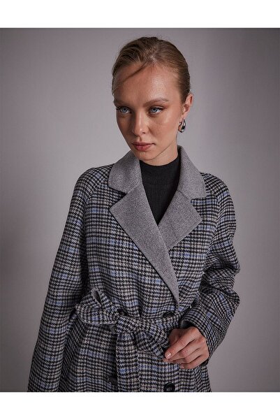 Kayra Premium Yün Reglan Kol Kuşaklı Kaban Gri