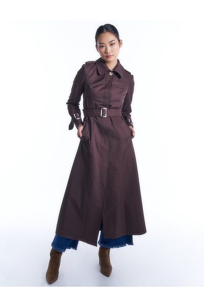 Kayra Epaulet Detailed Belted Top Coat Dark Brown