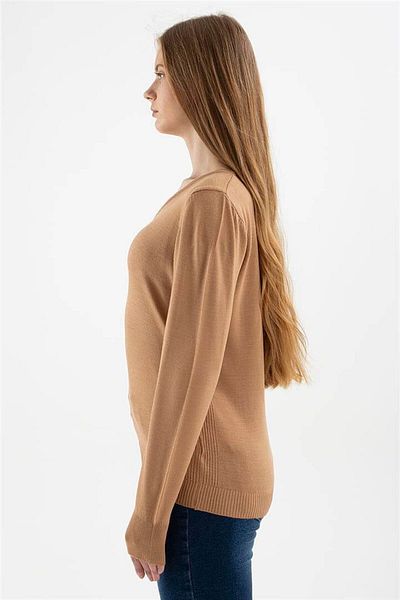 Fashion Friends Пуловер с V-образно деколте в цвят камила
