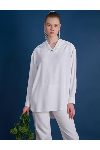 Kayra Embroidered Wide Collar Tunic Ecru