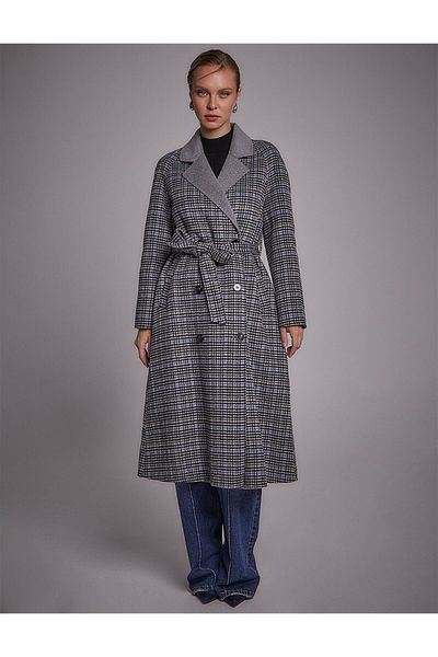 Kayra Γκρι Premium μάλλινο παλτό Raglan με ζώνη