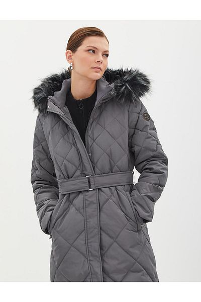 Kayra Smoke Colored Diamond Patterned Faux Fur Jacket