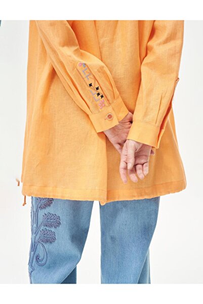 Kayra 100% λινό μπουφάν με φούντα και λεπτομέρεια κεντήματος ροδακινί