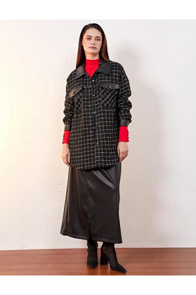 Kayra Checkered Faux Leather Detailed Jacket Black