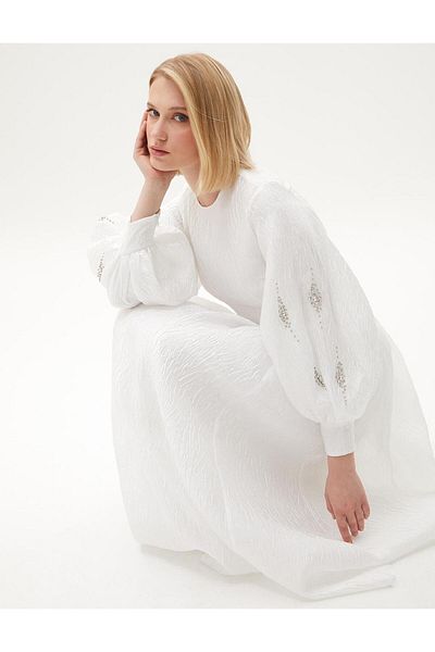 Kayra Optical White Jacquard Balloon Sleeve Dress