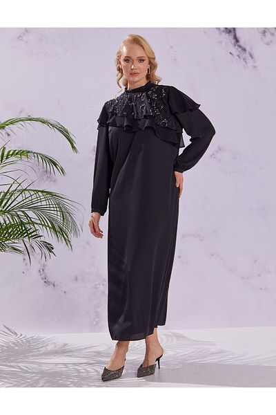 Kayra Rochie neagră cu guler cu volane brodate