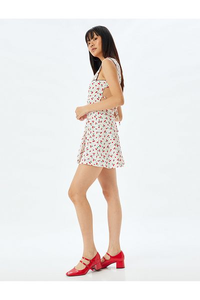 Koton Μίνι φόρεμα Cherry Printed - Λεπτομέρεια στην πλάτη, Χοντρές τιράντες, Τετράγωνος γιακάς