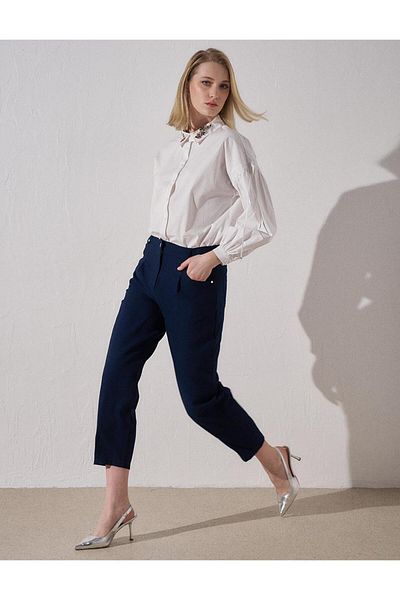 Kayra Dark Navy Carrot Trousers - Elastic Waist