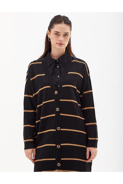Kayra Striped Knitwear Cardigan Black Beige