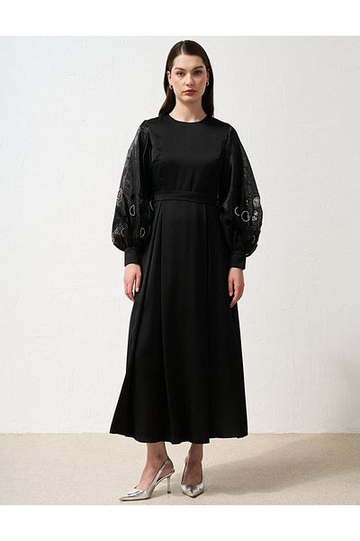 Kayra Black Satin Dress - Embroidered Sleeves