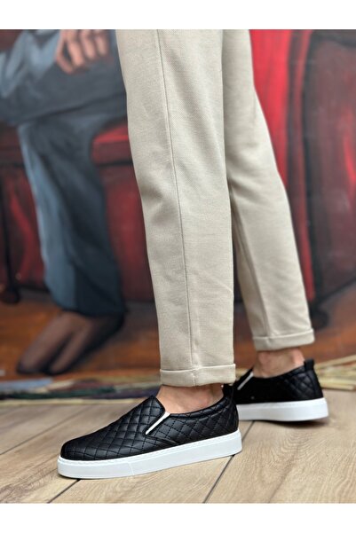 BOA BA0353 Bağcıksız Kapitone Siyah Beyaz Taban Günlük Erkek Ayakkabı