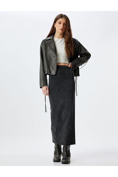 Koton Long Pencil Skirt High Waist Faded Effect Back Slit Slim Fit
