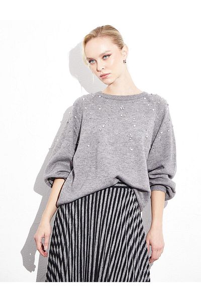 Kayra Exclusive Rhinestone and Pearl Raglan Sleeve Knitwear Blouse Gray