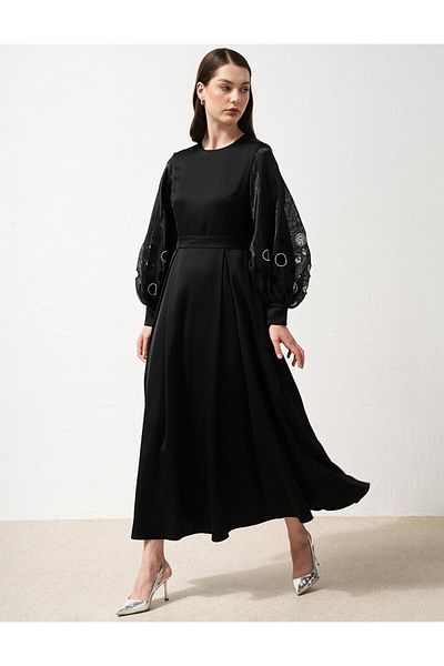 Kayra Black Satin Dress - Embroidered Sleeves