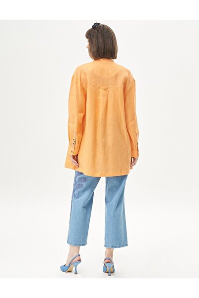 Kayra 100% λινό μπουφάν με φούντα και λεπτομέρεια κεντήματος ροδακινί