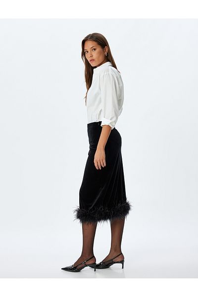 Koton Fusta de seara din catifea slim fit - Midi cu detaliu pene