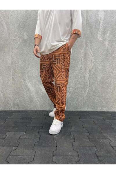 FıttingRoom Bohemian Cotton Woven Tile Jogger with Elastic Waist Aztec Pattern