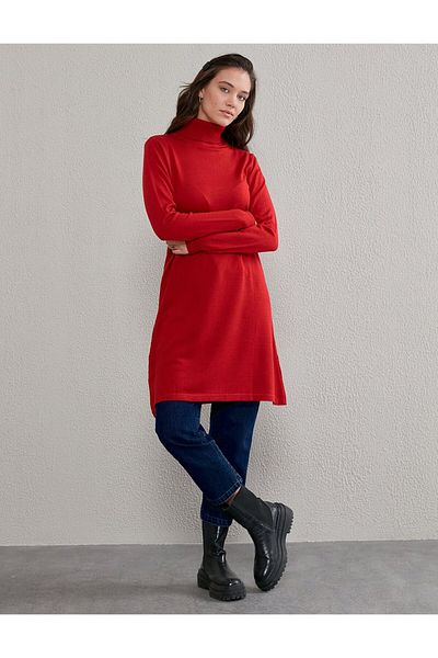 Kayra Basic Turtleneck Knitwear Tunic Red Sz Trk40
