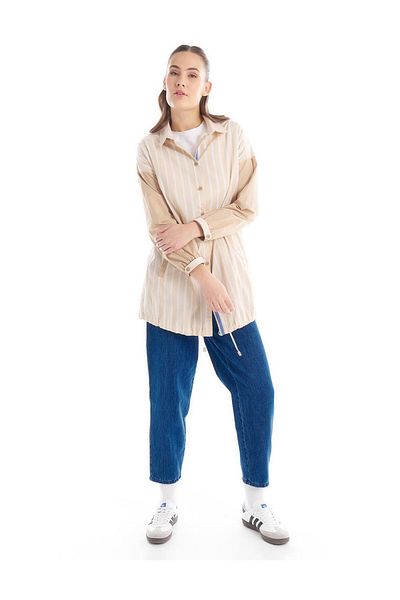 Kayra Striped Poplin Tunic Beige