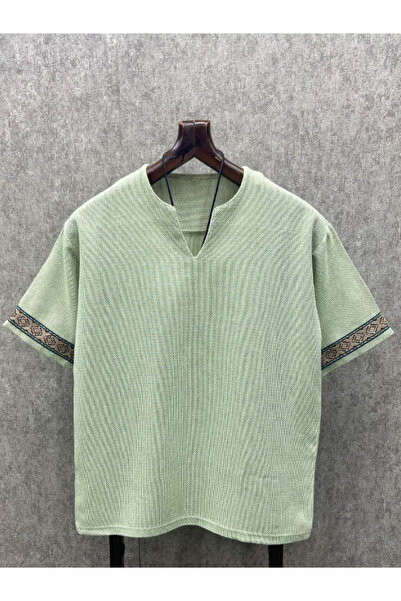 FıttingRoom Oversize Bohem Yıkamalı Pamuk Keten Açık Yeşil Tshirt