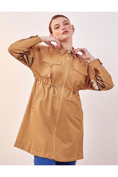 Kayra Sequined Short Trench Coat Beige