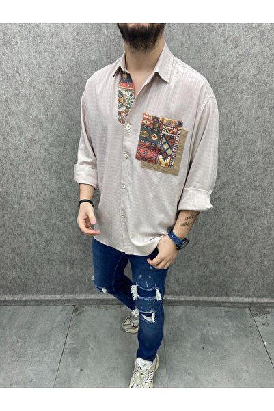 FıttingRoom Oversize Bohem Pamuk Dokuma Tek Cepli Bej Gömlek