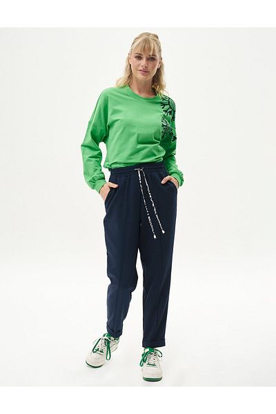 Kayra Dark Navy Blue Lace-Up Elastic Waist Trousers