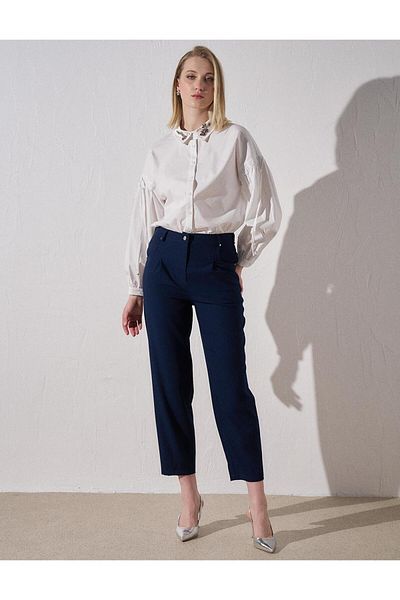 Kayra Dark Navy Carrot Trousers - Elastic Waist