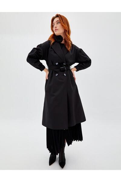 Kayra Nakışlı Lazer Kesim Trençkot Siyah