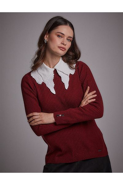 Kayra Bluză de tricotaj cu nervuri cu decolteu roșu Claret