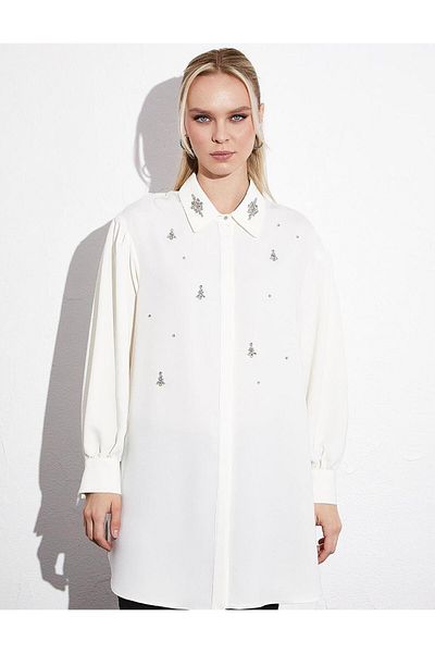 Kayra Stone Detailed Gathered Tunic Ecru
