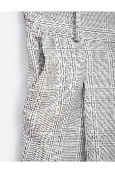 Kayra Elastic Waist Pleated Plaid Trousers Gray