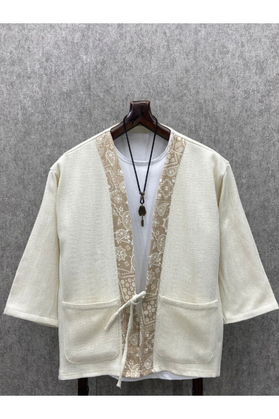 FıttingRoom Oversize Bohem Fakir Kol Pamuk Dokuma Krem Kimono