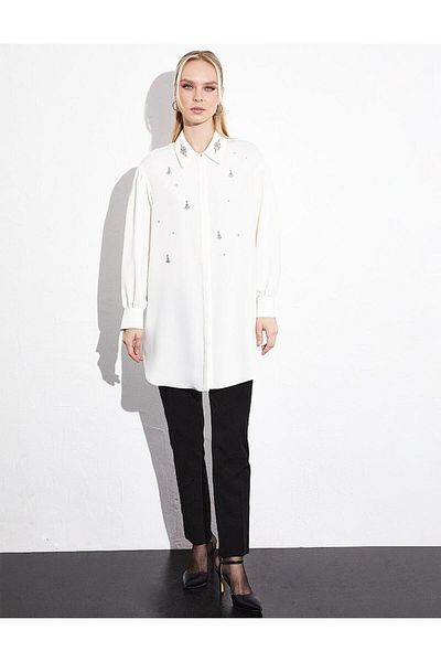 Kayra Stone Detailed Gathered Tunic Ecru