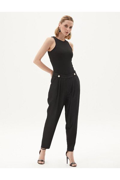Kayra Black Jacquard Carrot Trousers - Button Detailed