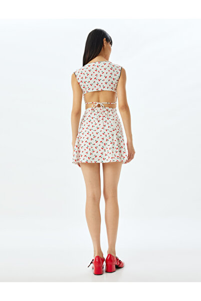 Koton Cherry Printed Mini Dress - Back Detail, Thick Straps, Square Collar