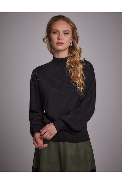 Kayra Black Balloon Sleeve Knitwear Blouse - Exclusive Stone Detailed