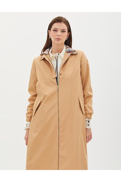 Kayra Zippered Wide Collar Top Coat Beige