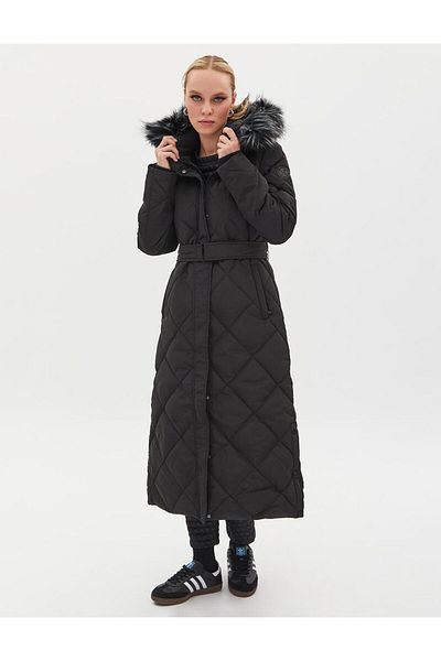 Kayra Black Faux Fur - Diamond Patterned Goose Feather Coat