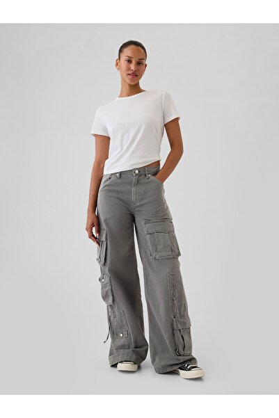 GAP Kadın Gri Mid Rise Relaxed Kargo Pantolon