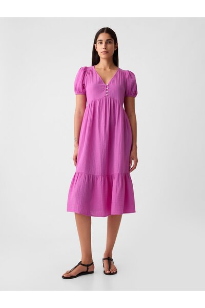 GAP Kadın Pembe Crinkle Gauze Midi Elbise