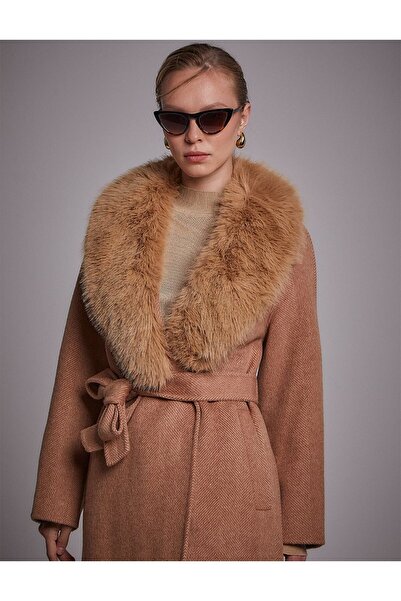 Kayra Premium Alpaca Wool Fish Back Patterned Coat Camel