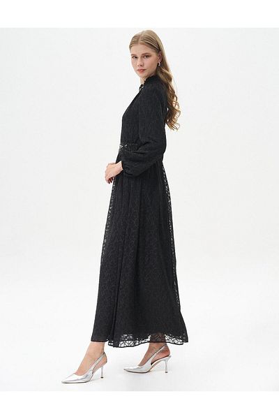 Kayra Black Abstract Patterned Stone Embroidered Dress